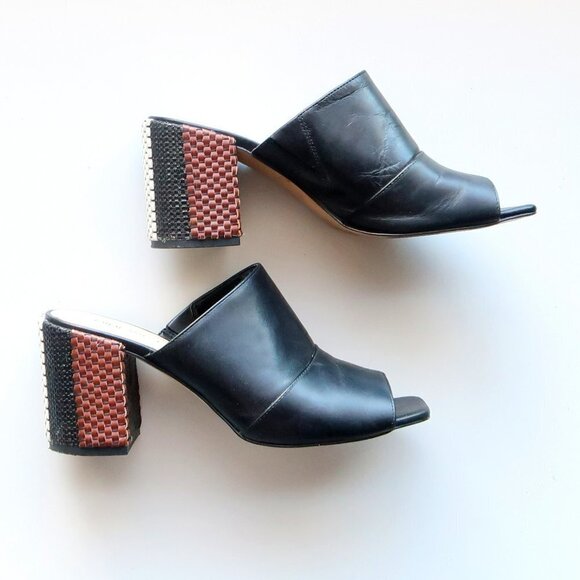 Nine West Janel Black Leather Square Toe Woven Block Heel Mules / Slip On Shoes - Picture 13 of 16